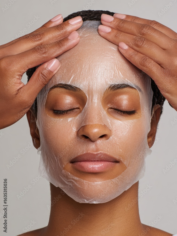 Poster model applying a sheet mask from a top-down perspective with hands visible against a minimal backdro