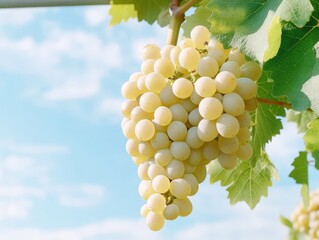 Fresh white grape bunch growing on vine against a blue sky