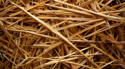 Dried straw in natural golden hue creates textured background, showcasing intricate patterns and shapes of straw fibers. This organic material evokes rustic and earthy feel