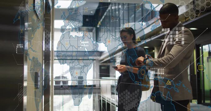 Man tapping smartwatch, woman scrolling smartphone while waiting elevator digital map filling icons