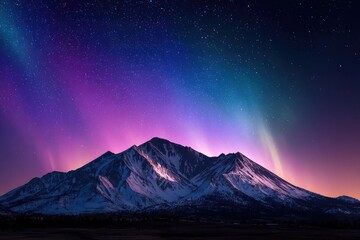 Majestic mountain range bathed in vibrant aurora borealis colors at night.