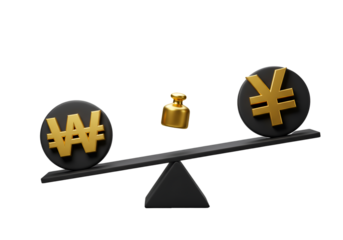 3D Illustration Of Yen And Won Currencies Balancing On Scale With Gold Weight