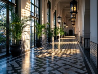 Elegant hallway with natural light and potted plants interior architecture