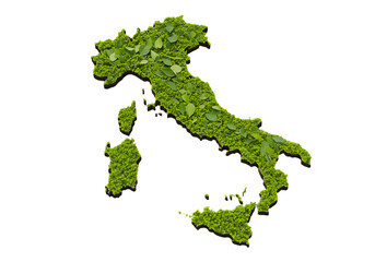 3D Isometric Illustration of Italy Map Made with Green Leaves Isolated on Transparent Background