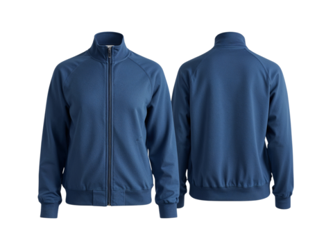 Isolated studio shot showcasing a stylish navy blue tracksuit jacket with isolated transparent