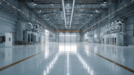 Obraz premium Large industrial warehouse interior, open bay doors, clean floor, lighting, potential use manufacturing