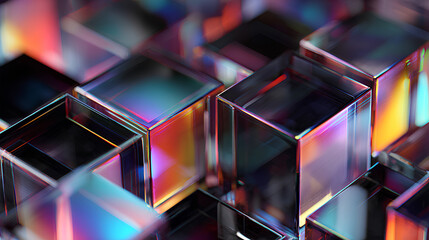 Black 3d background with glass chromatic cube block shapes render. Abstract crystal diagonal pattern with rainbow caustic effect, neon light holographic gradient. Digital tech bg. 3D illustration Stoc