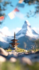 Miniature pagoda with mountain backdrop and prayer flags scenic landscape