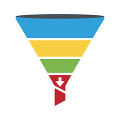 Colorful funnel graphic with downward arrow indicating process.