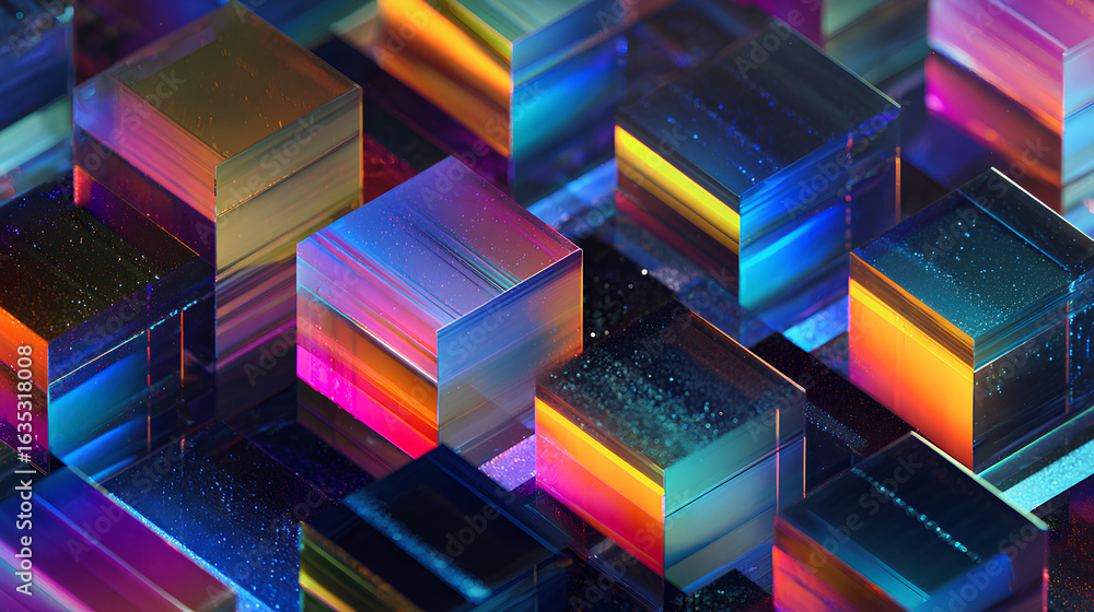 Poster black 3d background with glass chromatic cube block shapes render. abstract crystal diagonal pattern