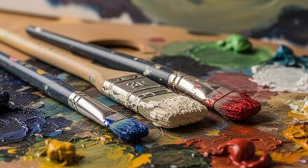 Artist's colorful palette with a variety of brushes for painting