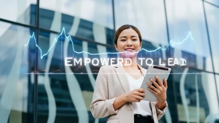 Empowered businesswoman leadership and empowerment with confidence holding tablet in modern office building, professional success in technology driven urban environment, motivation and ambition
