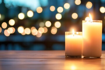 Candlelight glow on wooden table with bokeh background serene still life