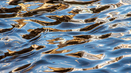Image showcases mesmerizing pattern of rippling water, reflecting light various shades of blue and gold. fluid movement creates dynamic and tranquil atmosphere, inviting viewers to appreciate