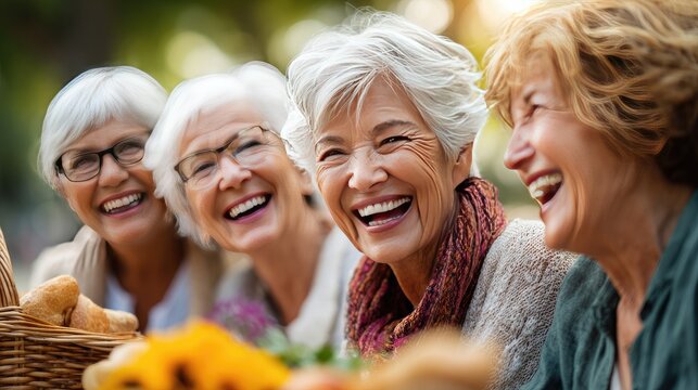 Four senior women laughing together outdoors.