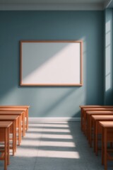 Sunlit Classroom with Wooden Desks and Blank Whiteboard