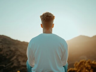 Person contemplating mountain landscape at sunset scenic view relaxation and wellness