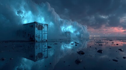 Dramatic Industrial Scene with Shipping Containers and Stormy Skies