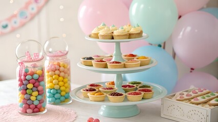 Naklejka premium Dessert station setup with mini tarts, candy jars, and balloons in soft focus
