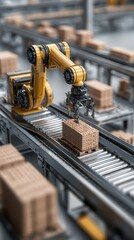 Fototapeta premium A robot is moving a box on a convey