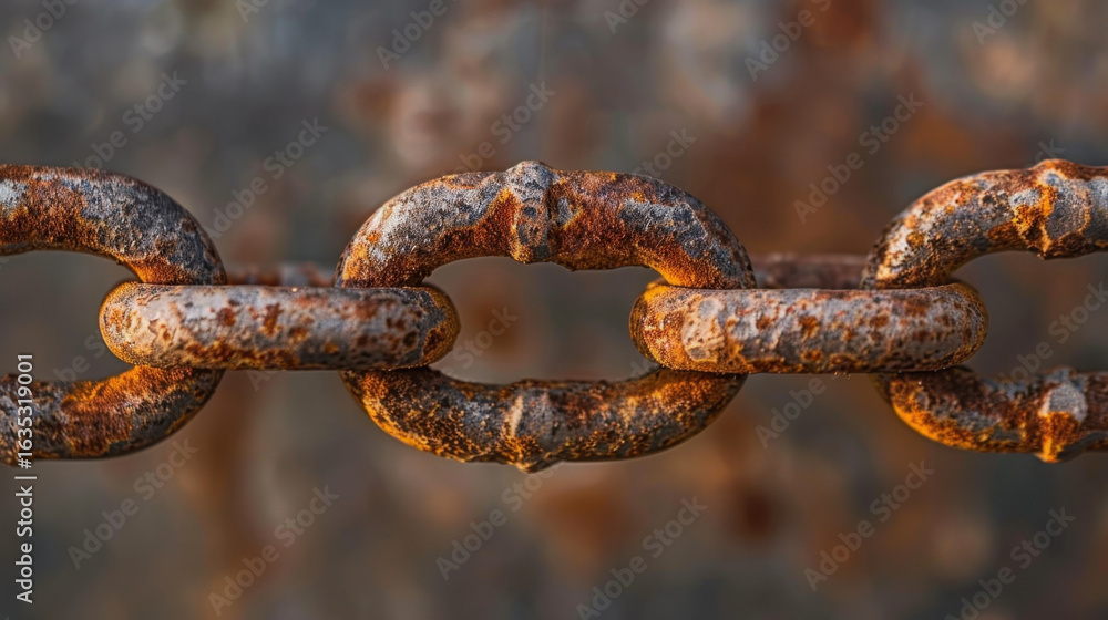 Poster rusty chain links create striking visual, showcasing texture and color variations of aged metal. clo
