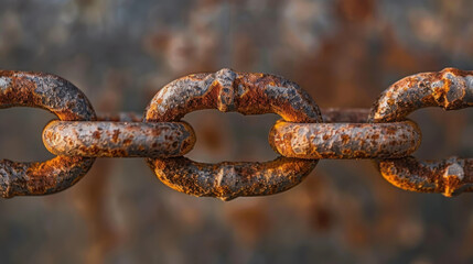 Fototapeta premium Rusty chain links create striking visual, showcasing texture and color variations of aged metal. close up perspective highlights intricate details and weathered appearance, evoking sense