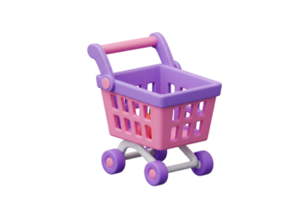 3D Render of a Pink and Purple Shopping Cart Isolated on a Transparent Background