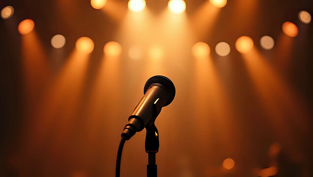 Closeup of microphone on stand, empty stage, dramatically illuminated by warm orange spotlights with bokeh background - before live music concert, stand-up comedy, or public speaking concept