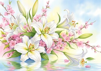 Fototapeta premium Elegant floral arrangement featuring lilies and cherry blossoms reflected in water