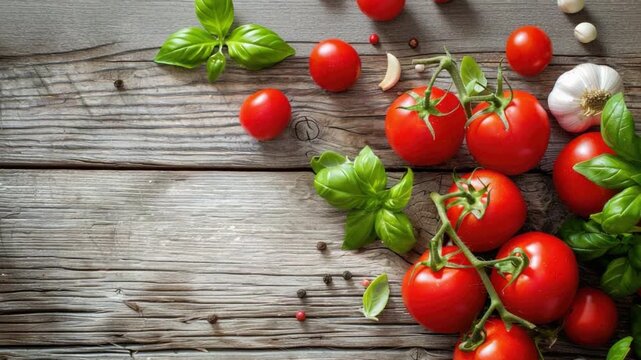 Fresh Red Tomatoes and Garlic on Rustic Wooden Table with Spices for Culinary Inspiration and Healthy Cooking 4k video footage