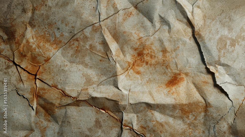 Poster crumpled paper texture with rust stains and creases, showcasing aged and weathered appearance. this 