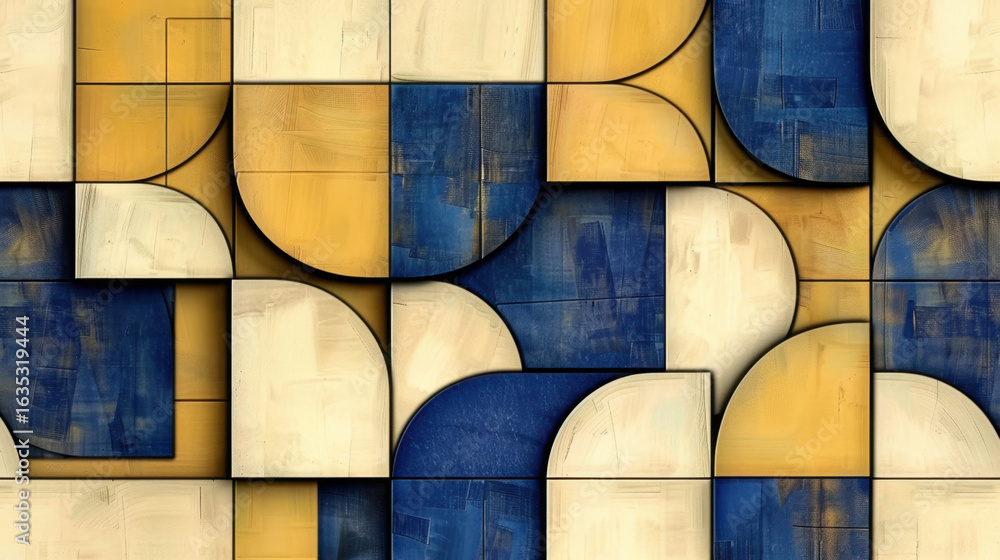 Aufkleber abstract geometric pattern featuring combination of yellow, blue, and cream colors. design consists 