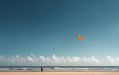 Cheerful person walking along sunny beach with colorful kite flying high in the breeze, perfect for family vacation, happiness, and outdoor activity themes captured in bright lifestyle photography