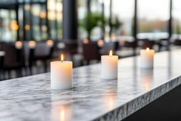 Three lit candles on marble surface reflecting warm light in serene setting
