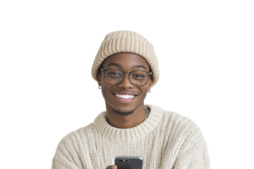 Portrait shows a smiling man wearing glasses and a tan sweater. Use for lifestyle content, product staging, or branding.
