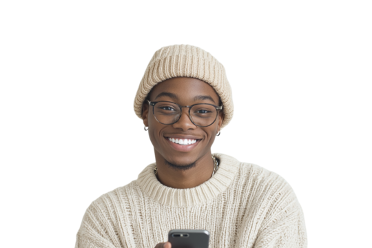 Portrait shows a smiling man wearing glasses and a tan sweater. Use for lifestyle content, product staging, or branding.