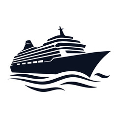 Black Cruise Ship Silhouette on White Ocean Background, ai generated