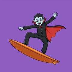 Cartoon pumpkin with mustache, sunglasses, and witch hat, surfing on orange-yellow board, wearing floral shorts and raising both index fingers.