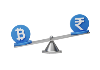 3D Render of Bitcoin Versus Rupee on a Silver Balance Isolated on Black Background