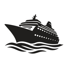 Big black cruise ship silhouette on white ocean background