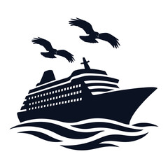 Big black cruise ship silhouette on white ocean background, ai generated