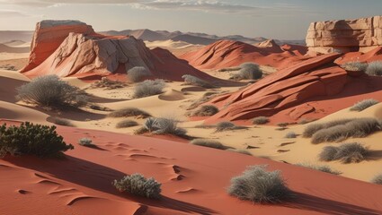 Arid desert landscape with red rock formations and sparse vegetation