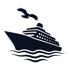 Black Cruise Ship Silhouette on White Ocean Background, ai generated