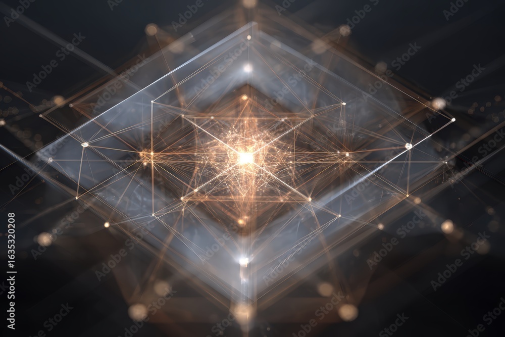 Poster complex geometric ai composition with transparent layers and glowing neural network forms, captured 