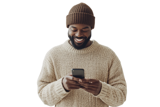 Happy Black man texts on phone. Isolated. Use for social media, web design, and advertising.