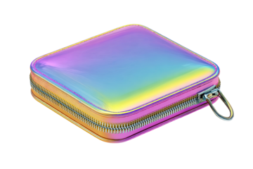 A square, iridescent, zippered pouch