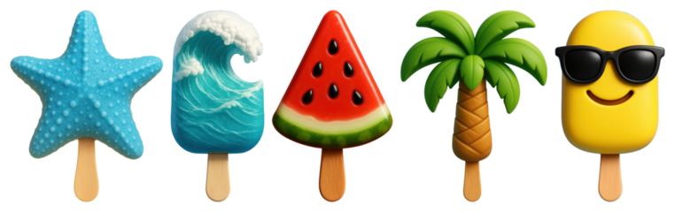 PNG Playful summer-themed ice pops, element set on transparent background