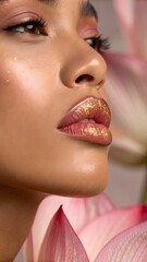 Naklejka premium Lotus oil sheen on lips with micro gold dust, beauty macro close-up