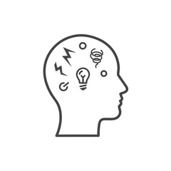 Outline of a human head with symbols representing thoughts and ideas.