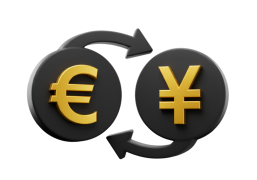 3D Render of Currency Symbols in Gold and Black with Arrows on Black Background - Powered by Adobe